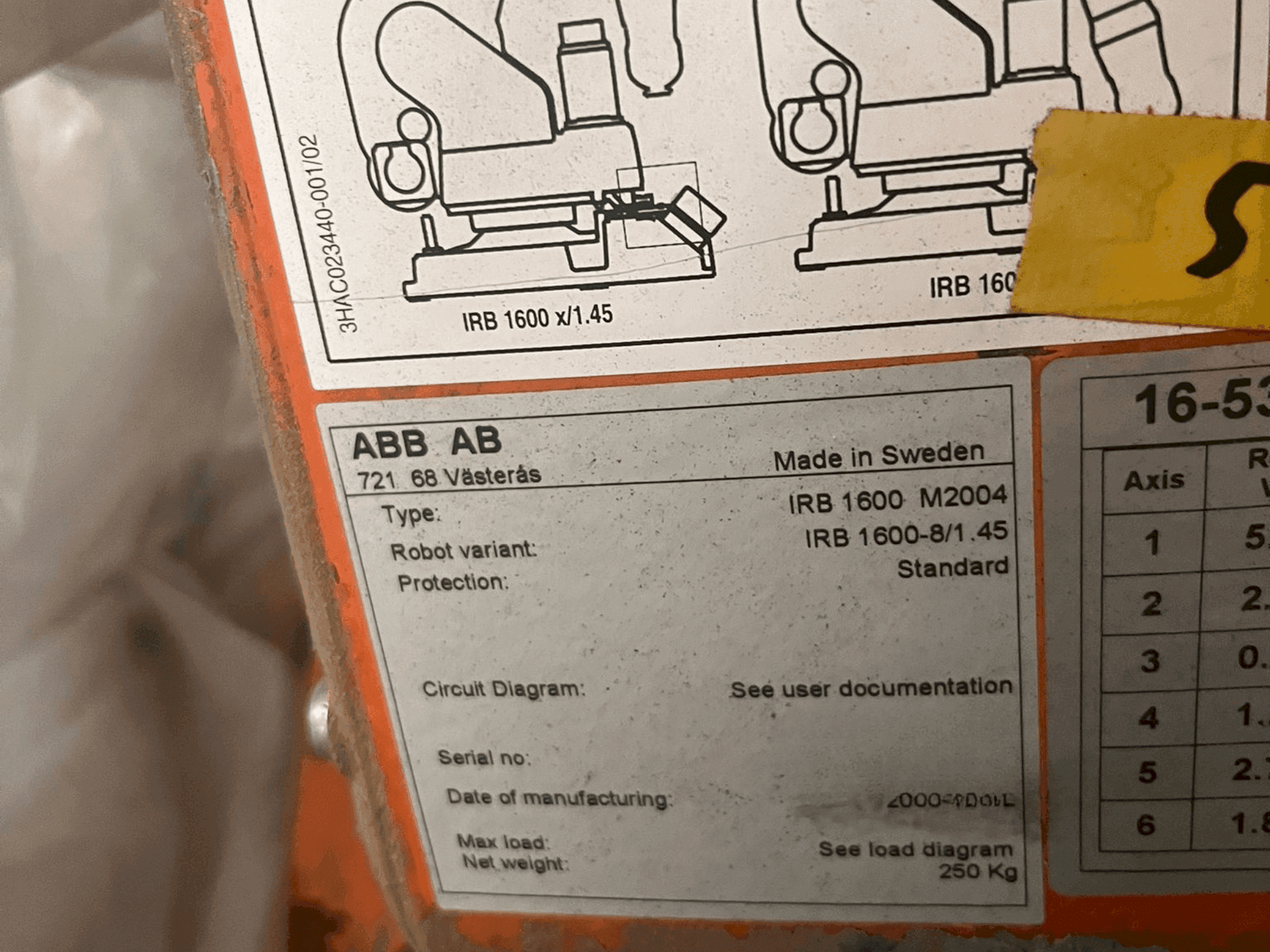 Masina ABB IRB 1600 M2004 nimeplaat